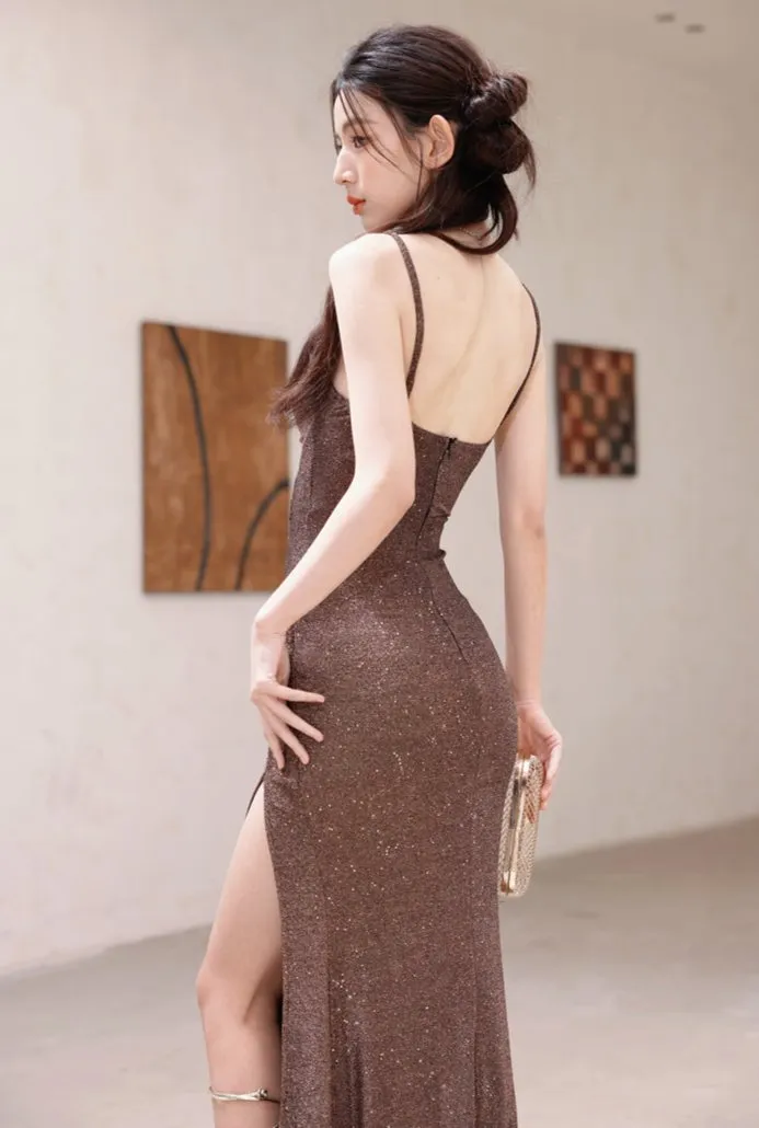 DOLLY Luxury Coffee Brown Sequin Sleeveless Long Slit Banquet Dress-Rola