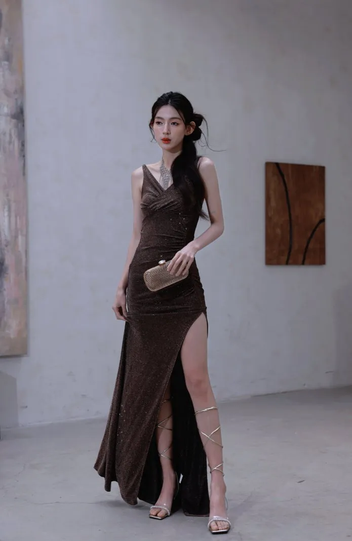 DOLLY Luxury Coffee Brown Sequin Sleeveless Long Slit Banquet Dress-Rola