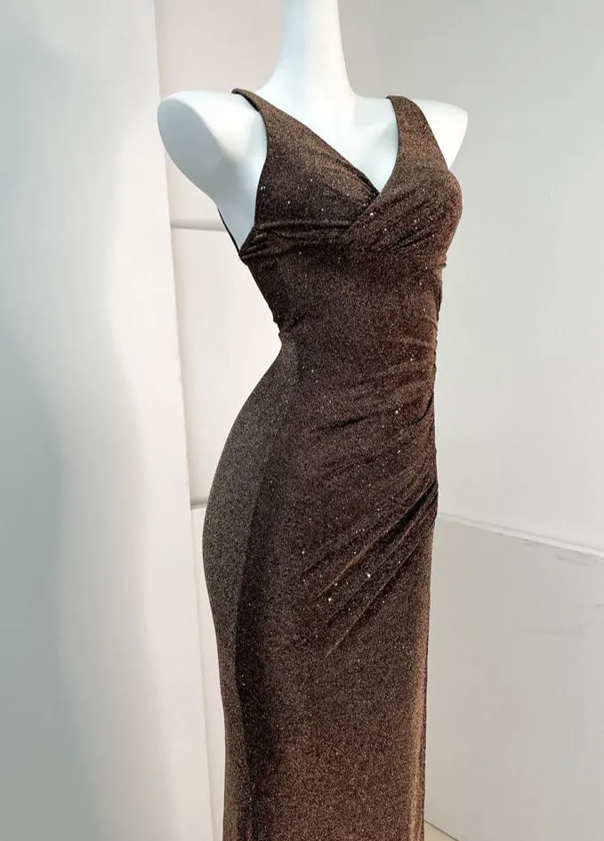 DOLLY Luxury Coffee Brown Sequin Sleeveless Long Slit Banquet Dress-Rola