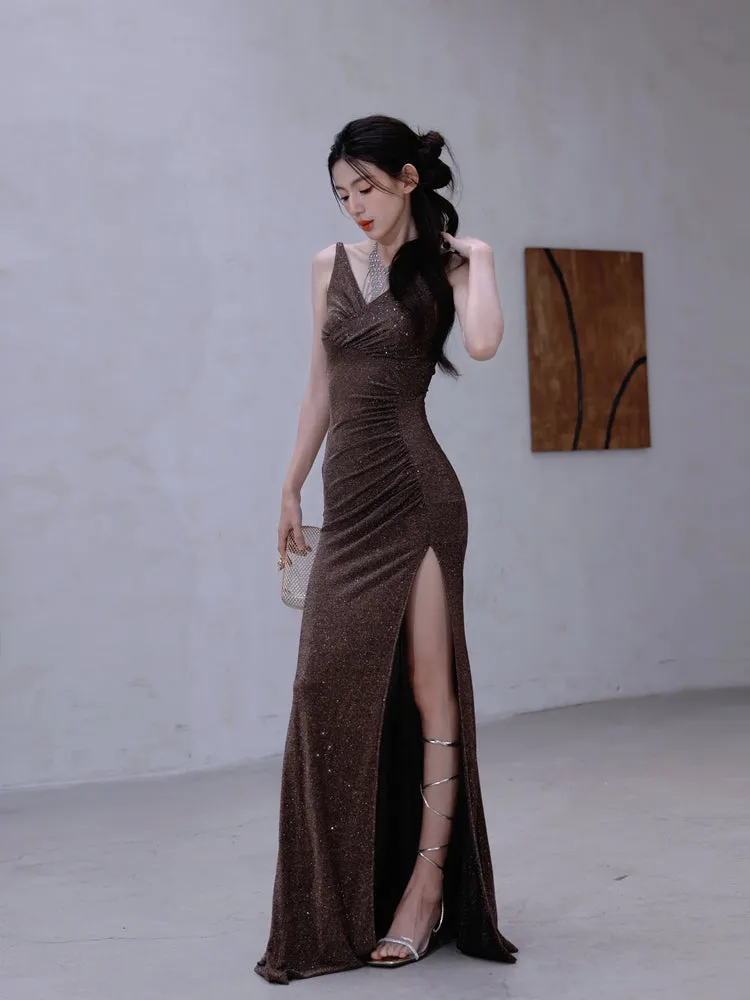DOLLY Luxury Coffee Brown Sequin Sleeveless Long Slit Banquet Dress-Rola