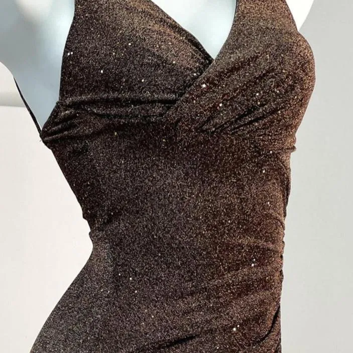DOLLY Luxury Coffee Brown Sequin Sleeveless Long Slit Banquet Dress-Rola