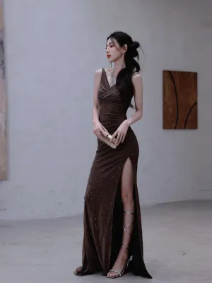 DOLLY Luxury Coffee Brown Sequin Sleeveless Long Slit Banquet Dress-Rola