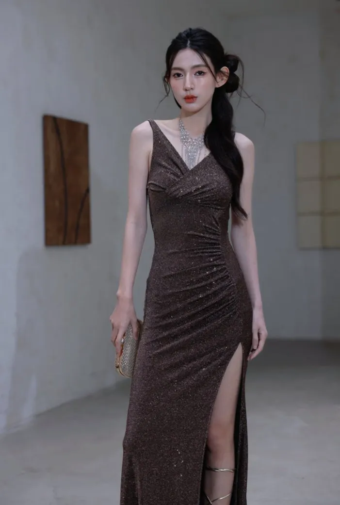DOLLY Luxury Coffee Brown Sequin Sleeveless Long Slit Banquet Dress-Rola