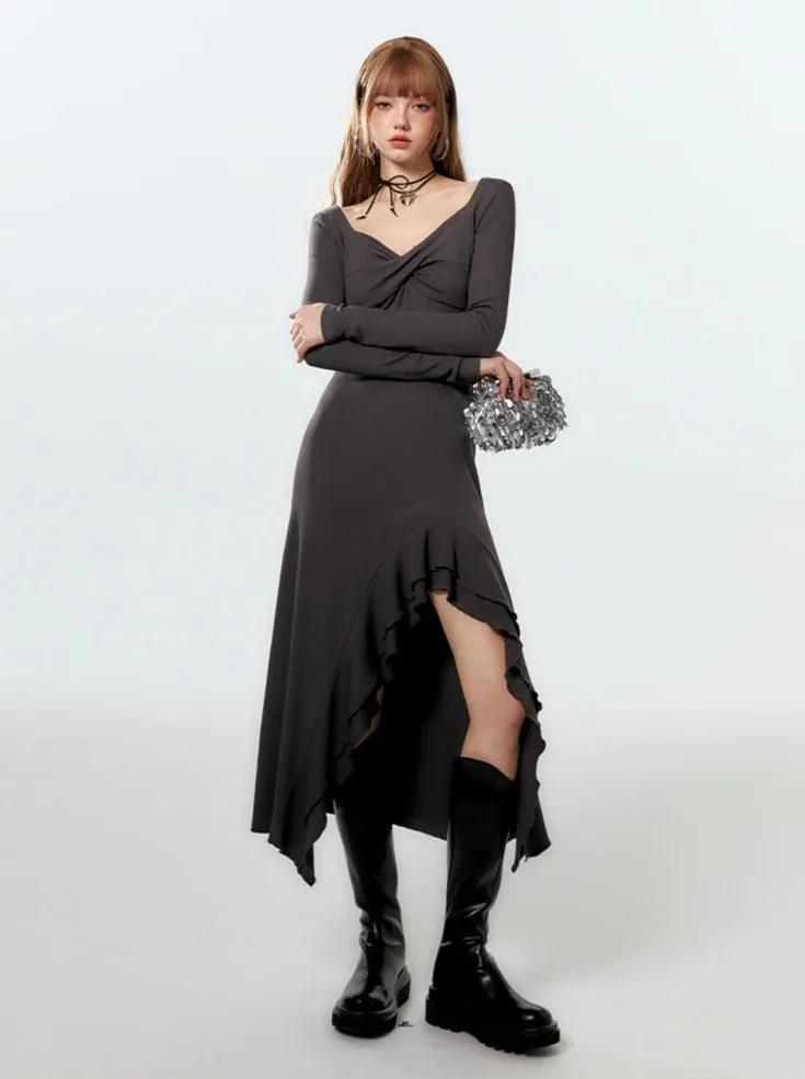 Dress Long Ruffle Asymmetrical Slit Mode