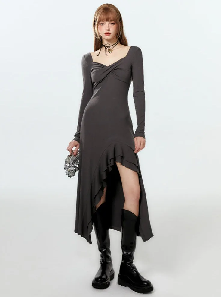 Dress Long Ruffle Asymmetrical Slit Mode
