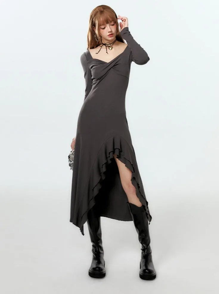 Dress Long Ruffle Asymmetrical Slit Mode