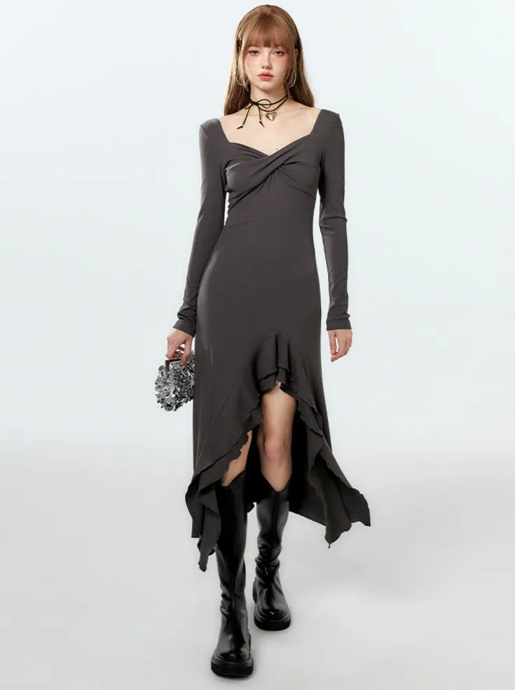 Dress Long Ruffle Asymmetrical Slit Mode