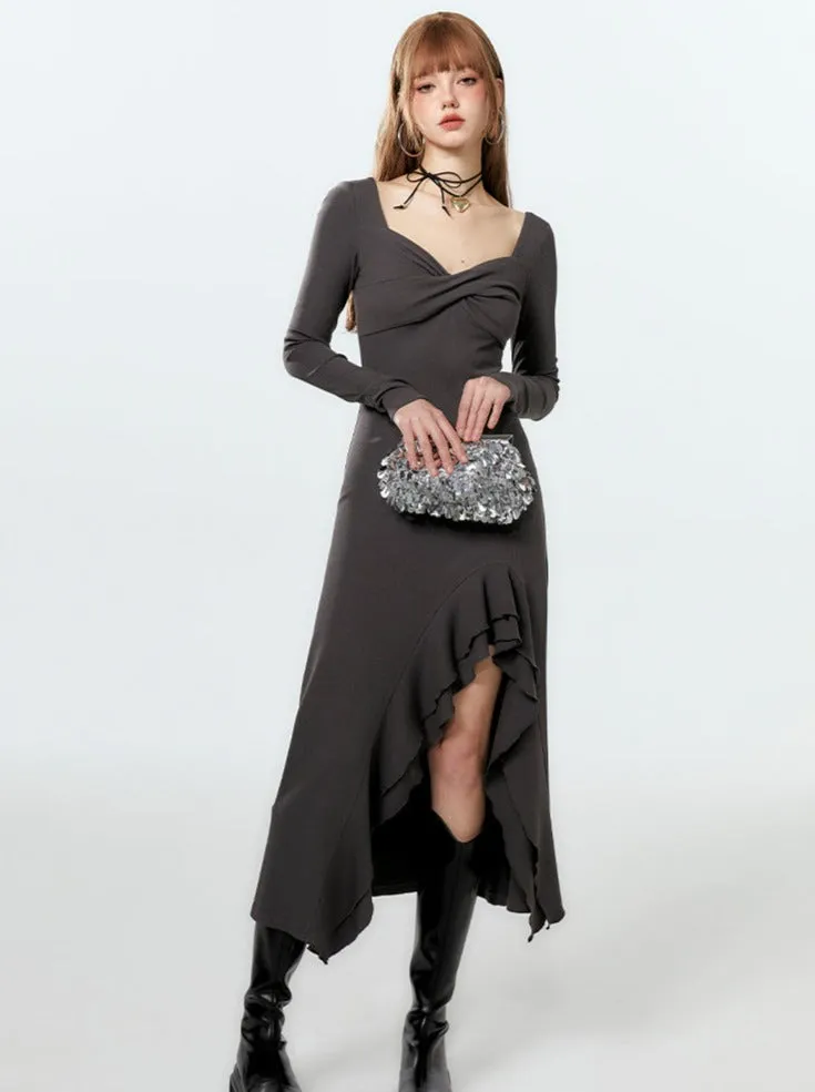 Dress Long Ruffle Asymmetrical Slit Mode