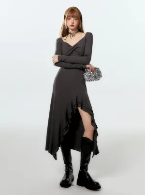Dress Long Ruffle Asymmetrical Slit Mode