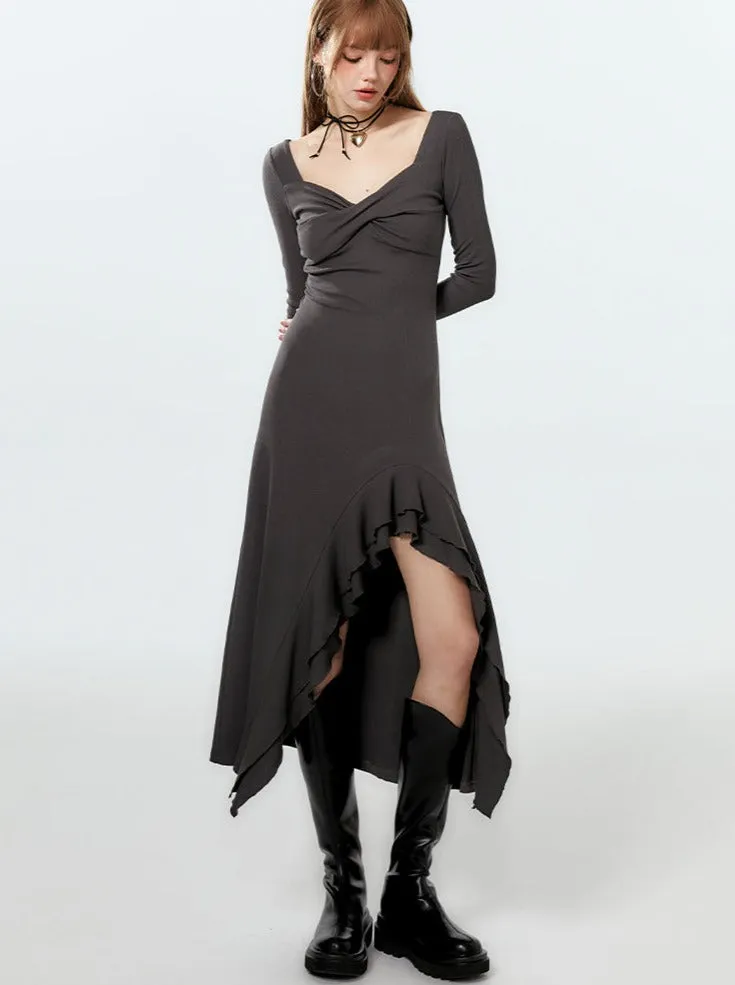 Dress Long Ruffle Asymmetrical Slit Mode