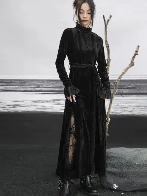 Dress Retro Mesh Splicing Long Velvet Black Slim