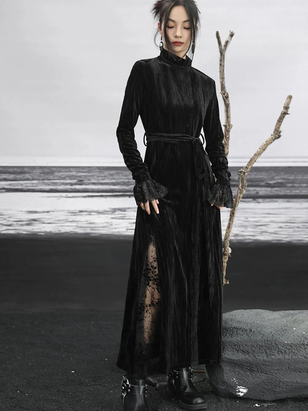 Dress Retro Mesh Splicing Long Velvet Black Slim