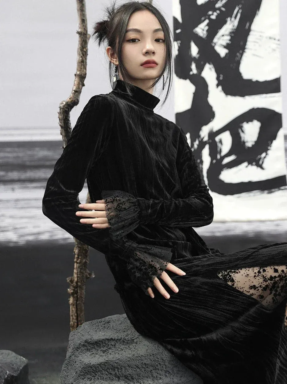 Dress Retro Mesh Splicing Long Velvet Black Slim