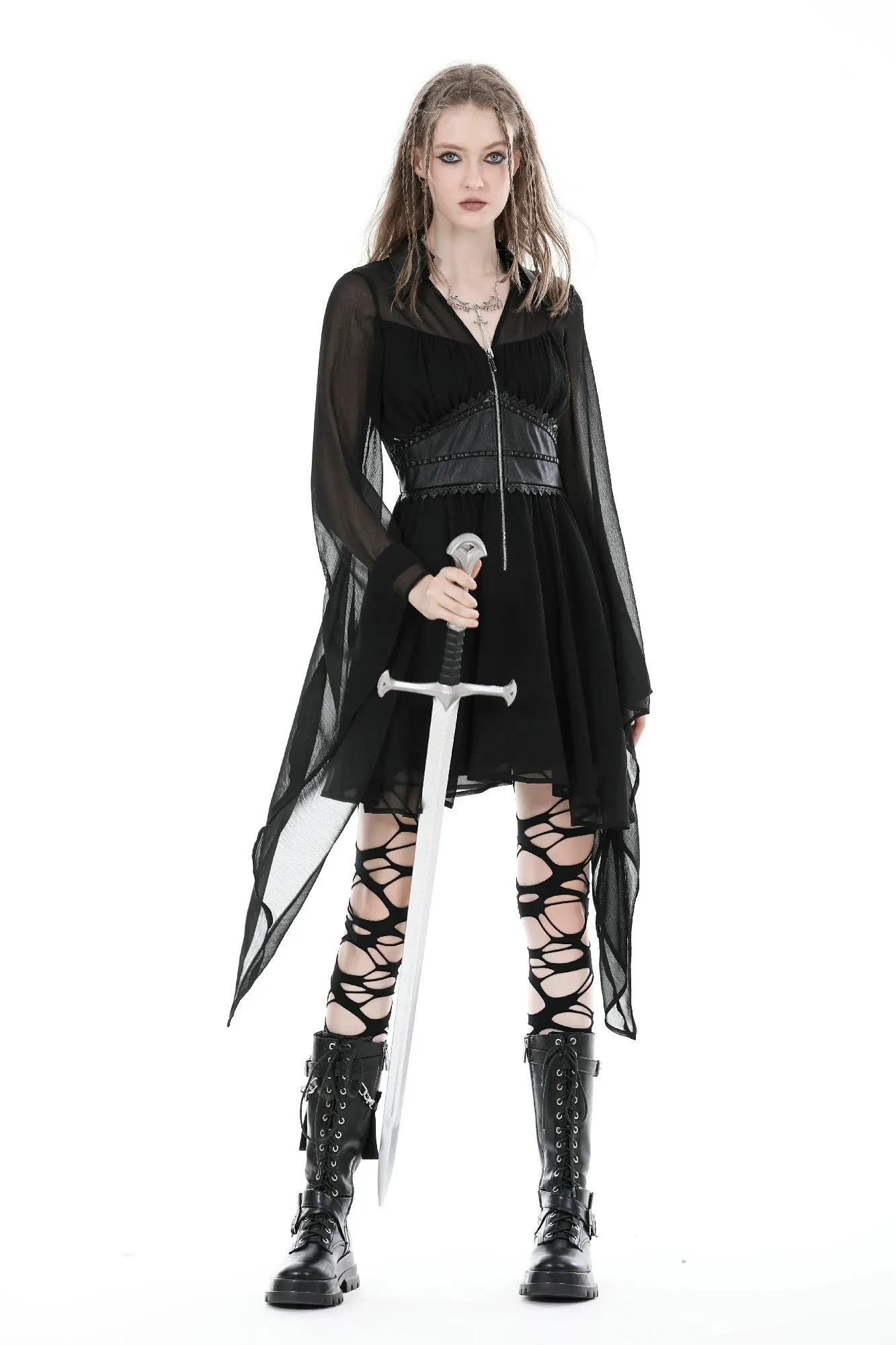 Elegant fake two pcs mesh big sleeves dress DW892