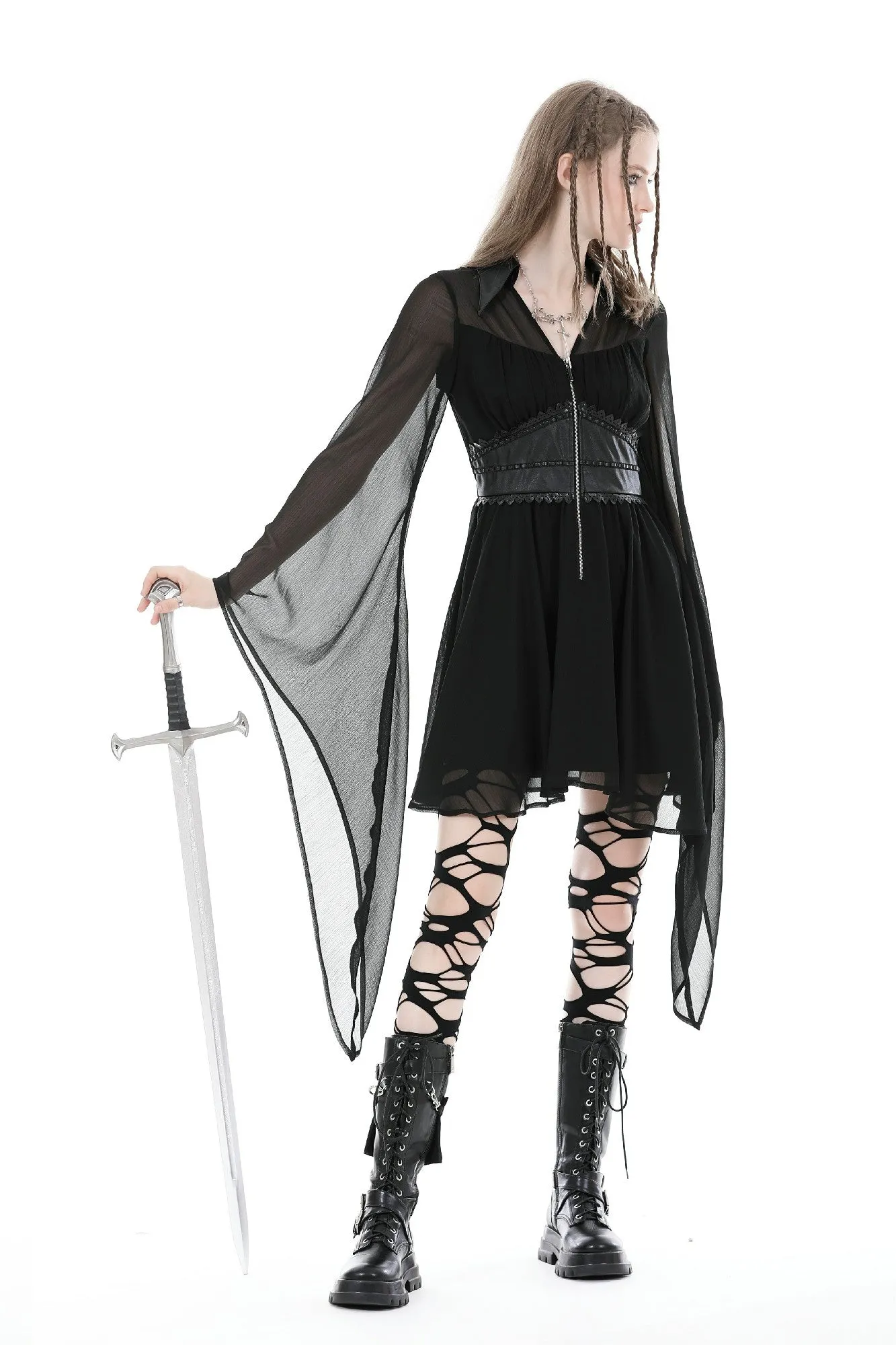 Elegant fake two pcs mesh big sleeves dress DW892