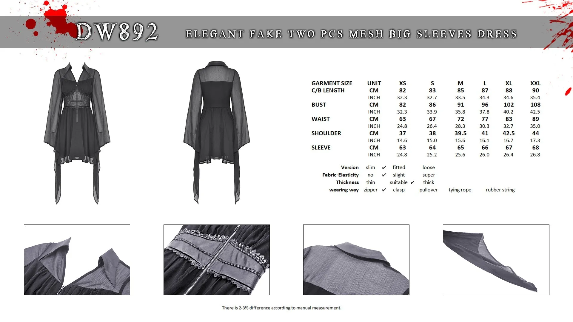 Elegant fake two pcs mesh big sleeves dress DW892