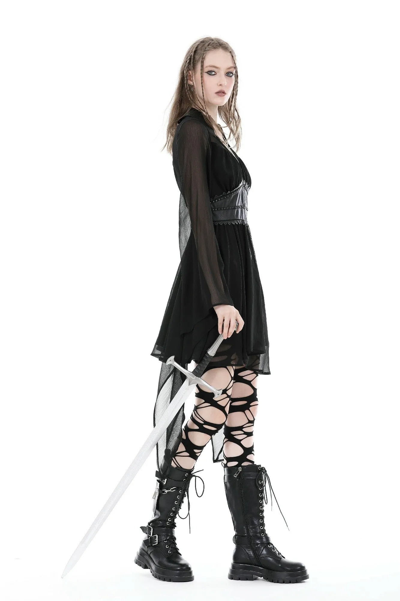Elegant fake two pcs mesh big sleeves dress DW892