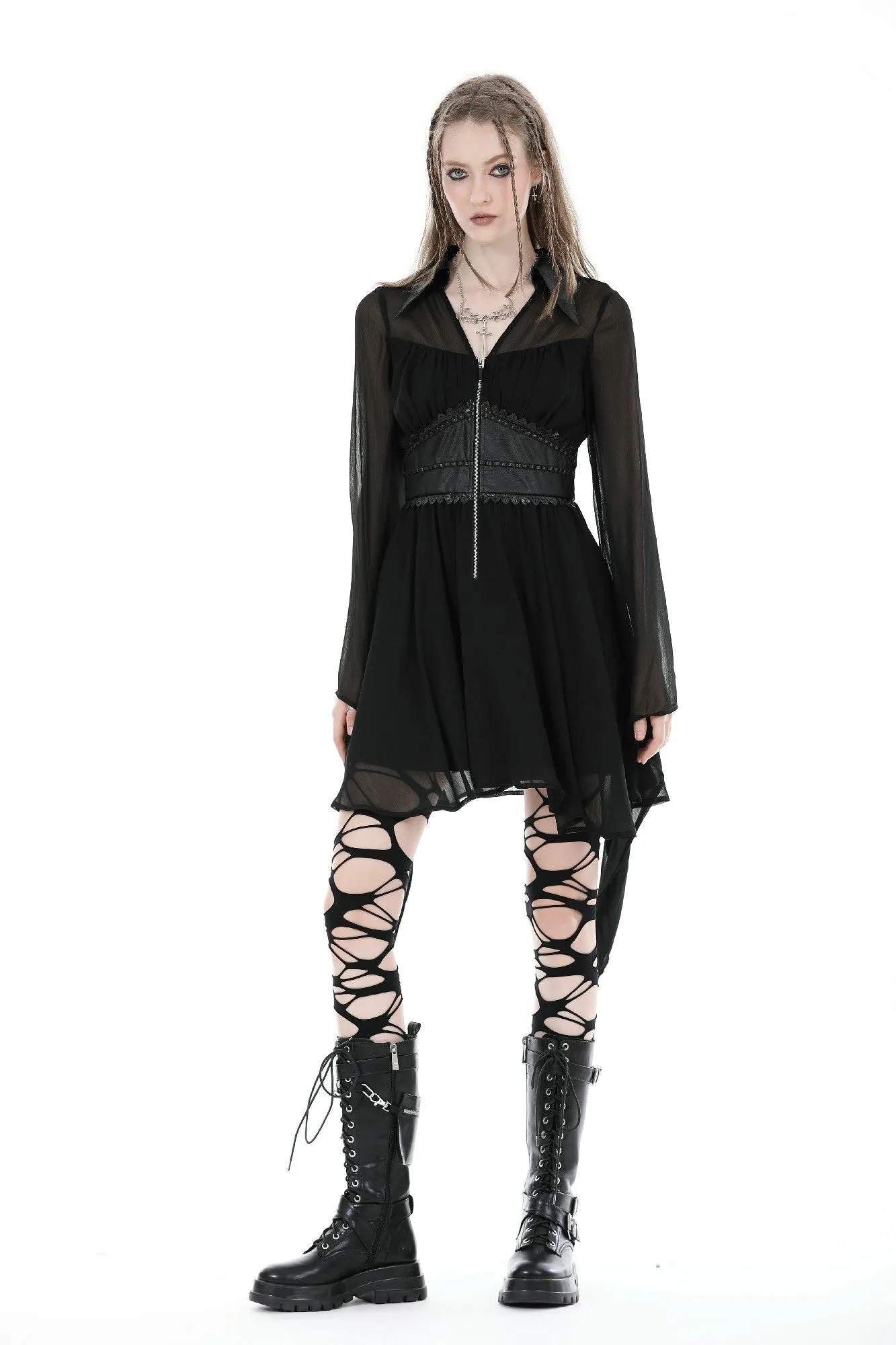 Elegant fake two pcs mesh big sleeves dress DW892