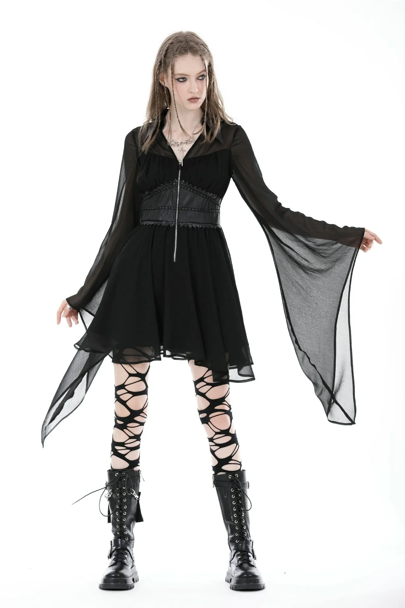 Elegant fake two pcs mesh big sleeves dress DW892