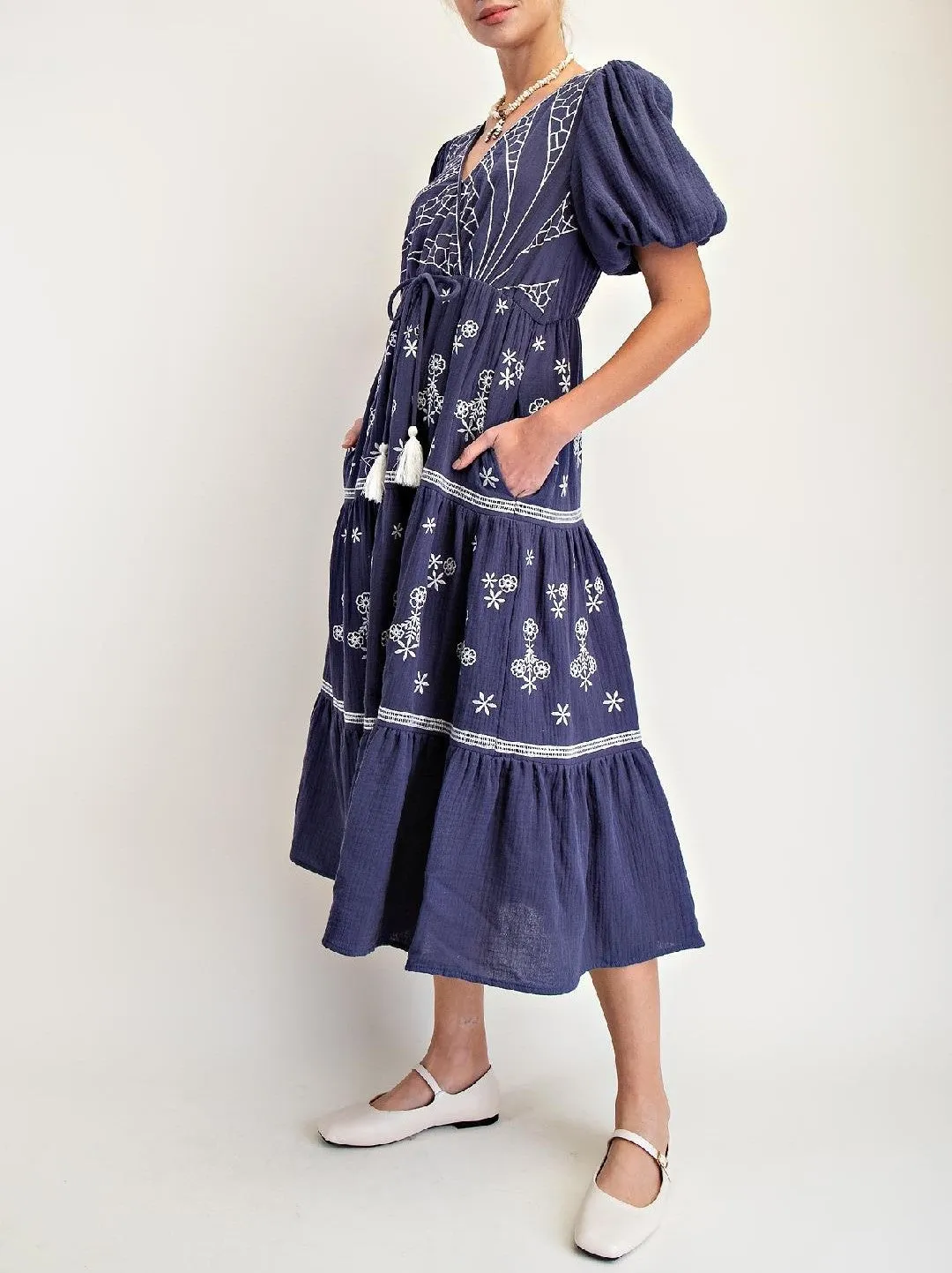 Embroidered Cotton Gauze Maxi Tiered Dress