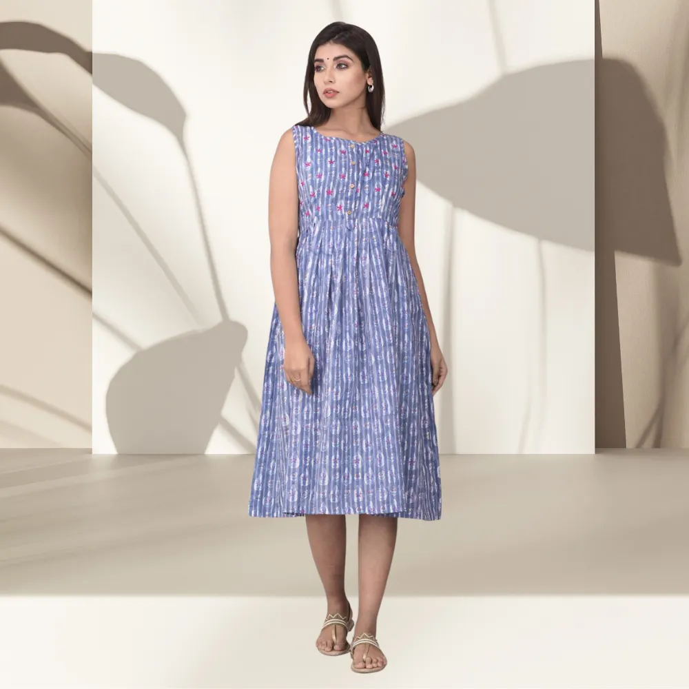 Floral Dress | Block Printed Cotton | Handcrafted | Day Wear | Purplish Blue