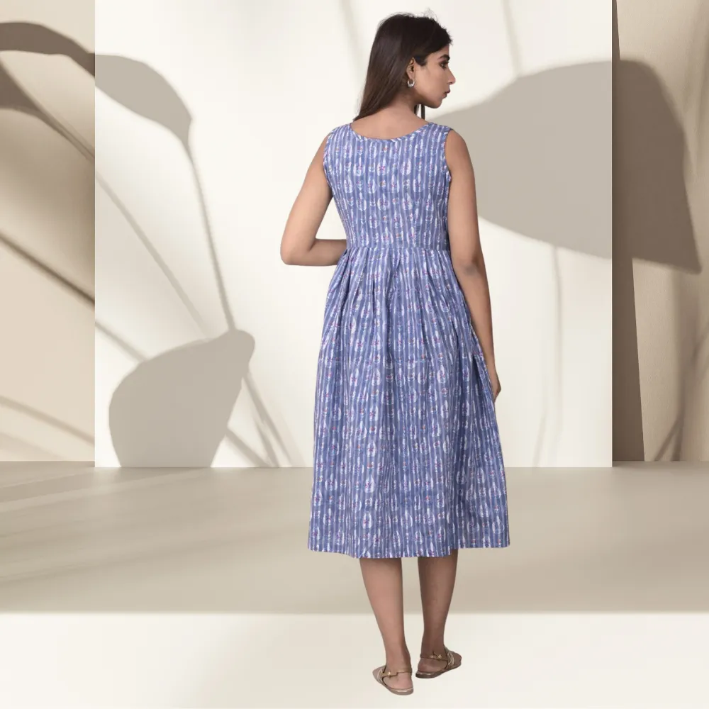 Floral Dress | Block Printed Cotton | Handcrafted | Day Wear | Purplish Blue