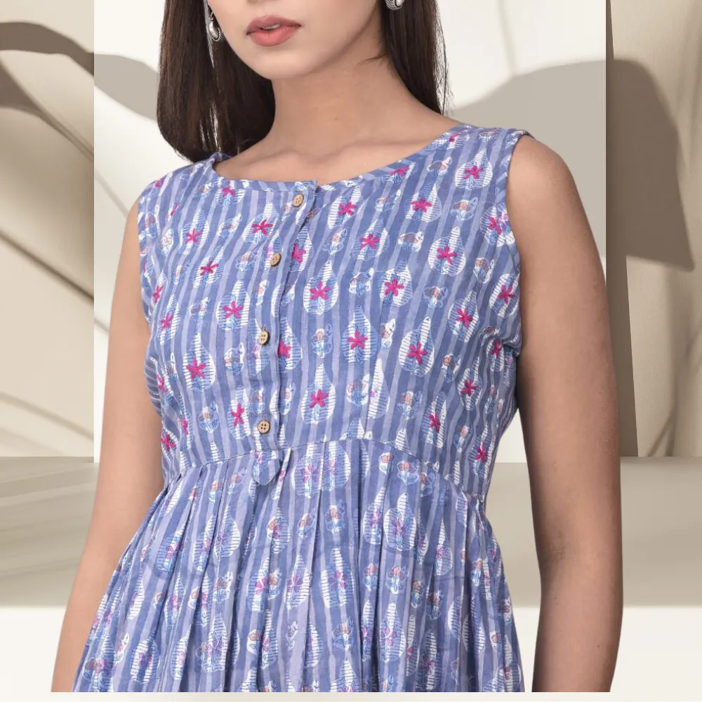Floral Dress | Block Printed Cotton | Handcrafted | Day Wear | Purplish Blue