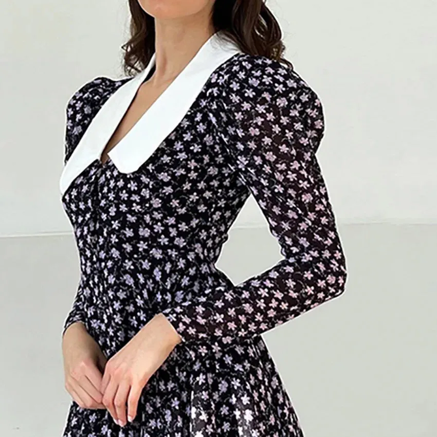 French Elegant Puff Sleeve Women's Doll Collar Waist Long Sleeve A-Link Skirt Summer Floral Dress