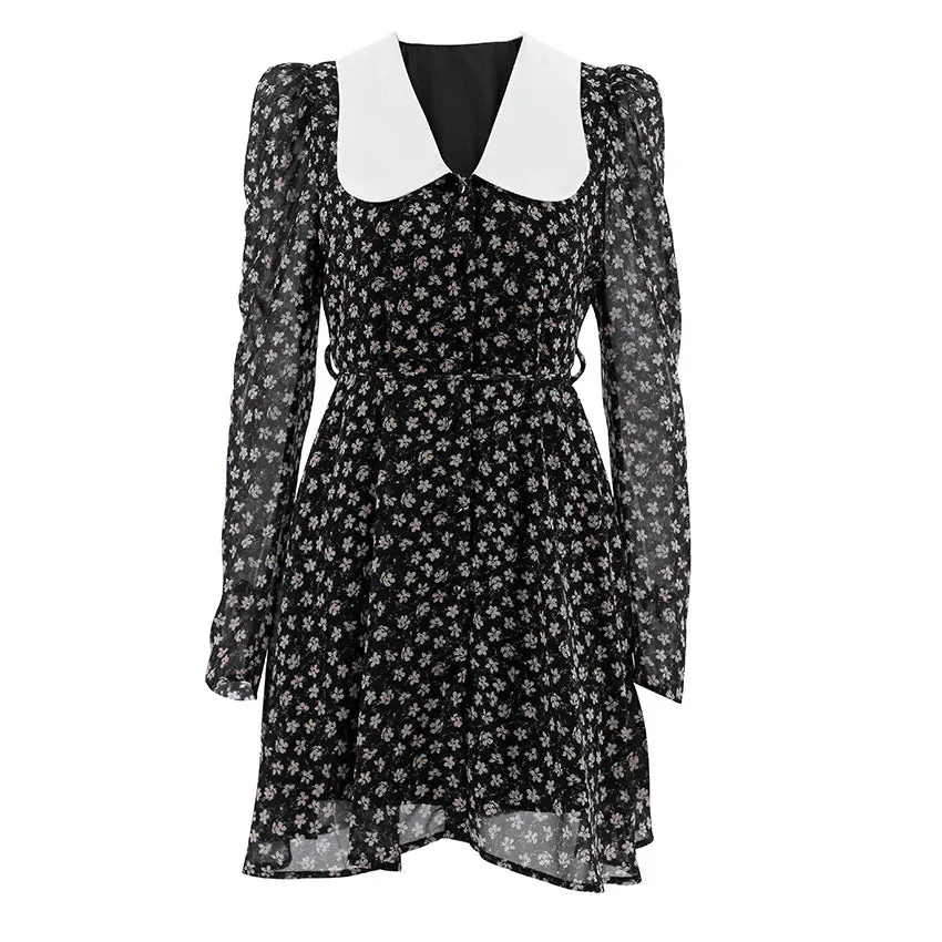 French Elegant Puff Sleeve Women's Doll Collar Waist Long Sleeve A-Link Skirt Summer Floral Dress