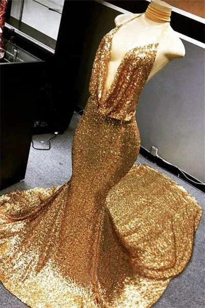 GOLD HALTER V-NECK MERMAID CHARMING SEQUINED DEEP FLOW NECK PROM DRESS SA109
