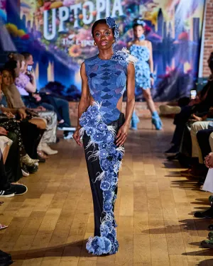 Handmade Flower Designer Dress from Upcycled Denim