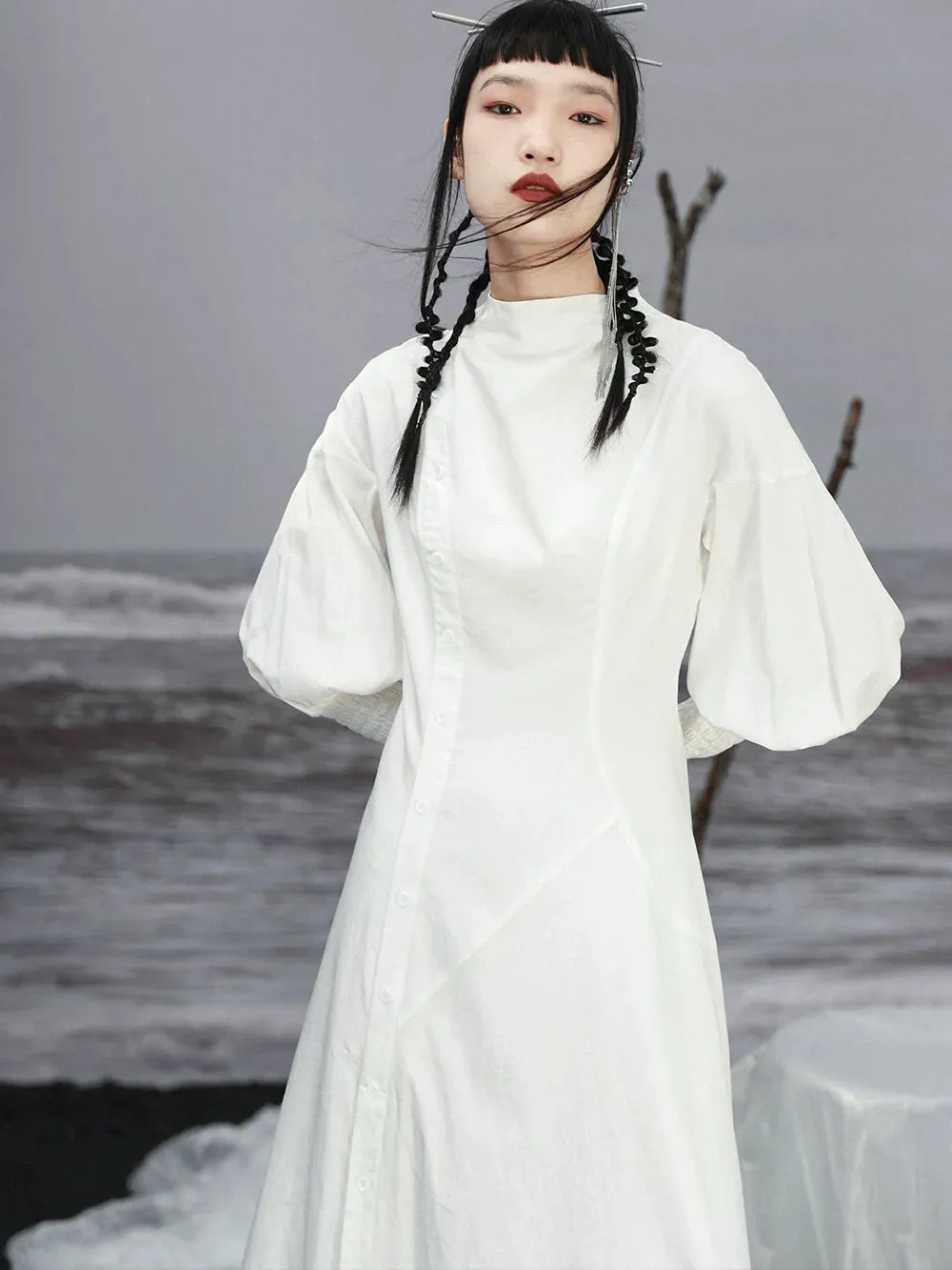 Lantern Long Sleeve Slit Dress Elegant