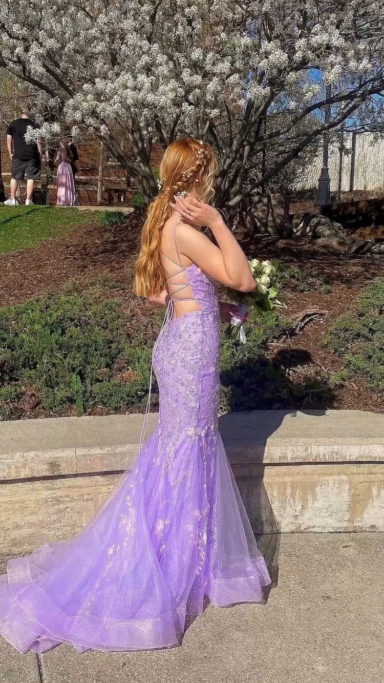 Lavender  Mermaid Lace Applique Prom Dress Tulle Long Evening  Dress SH917