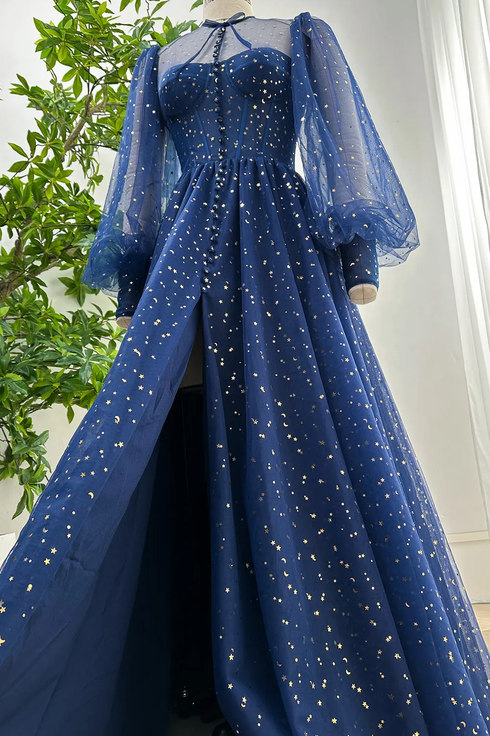 Long Sleeves Illusion Corset Dark Navy Dress with Slit