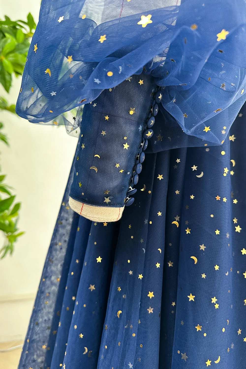 Long Sleeves Illusion Corset Dark Navy Dress with Slit