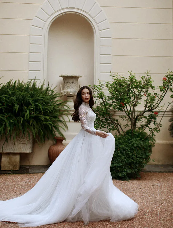 Marie Beautiful High Neck Long Sleeves White Evening Dress