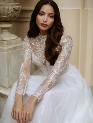 Marie Beautiful High Neck Long Sleeves White Evening Dress