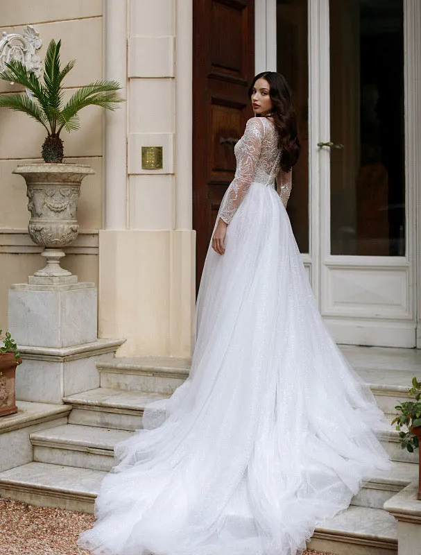 Marie Beautiful High Neck Long Sleeves White Evening Dress