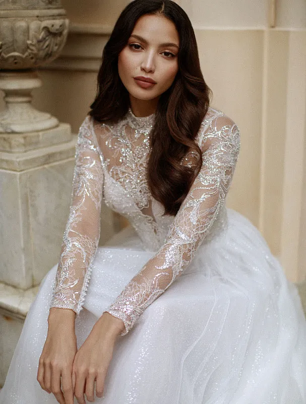 Marie Beautiful High Neck Long Sleeves White Evening Dress