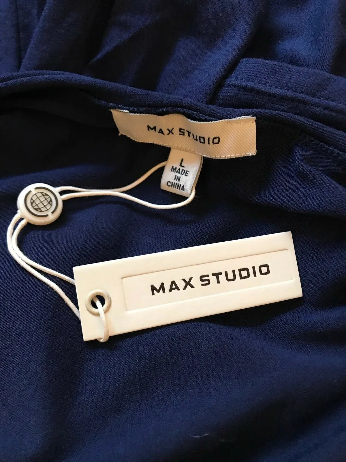 Max Studio Navy Jersey Tie Neck Long Sleeve Top Size L UK 12 US 8 EU 40
