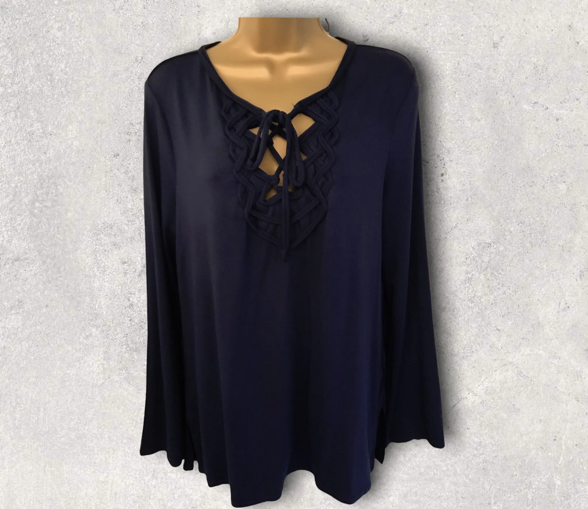 Max Studio Navy Jersey Tie Neck Long Sleeve Top Size L UK 12 US 8 EU 40
