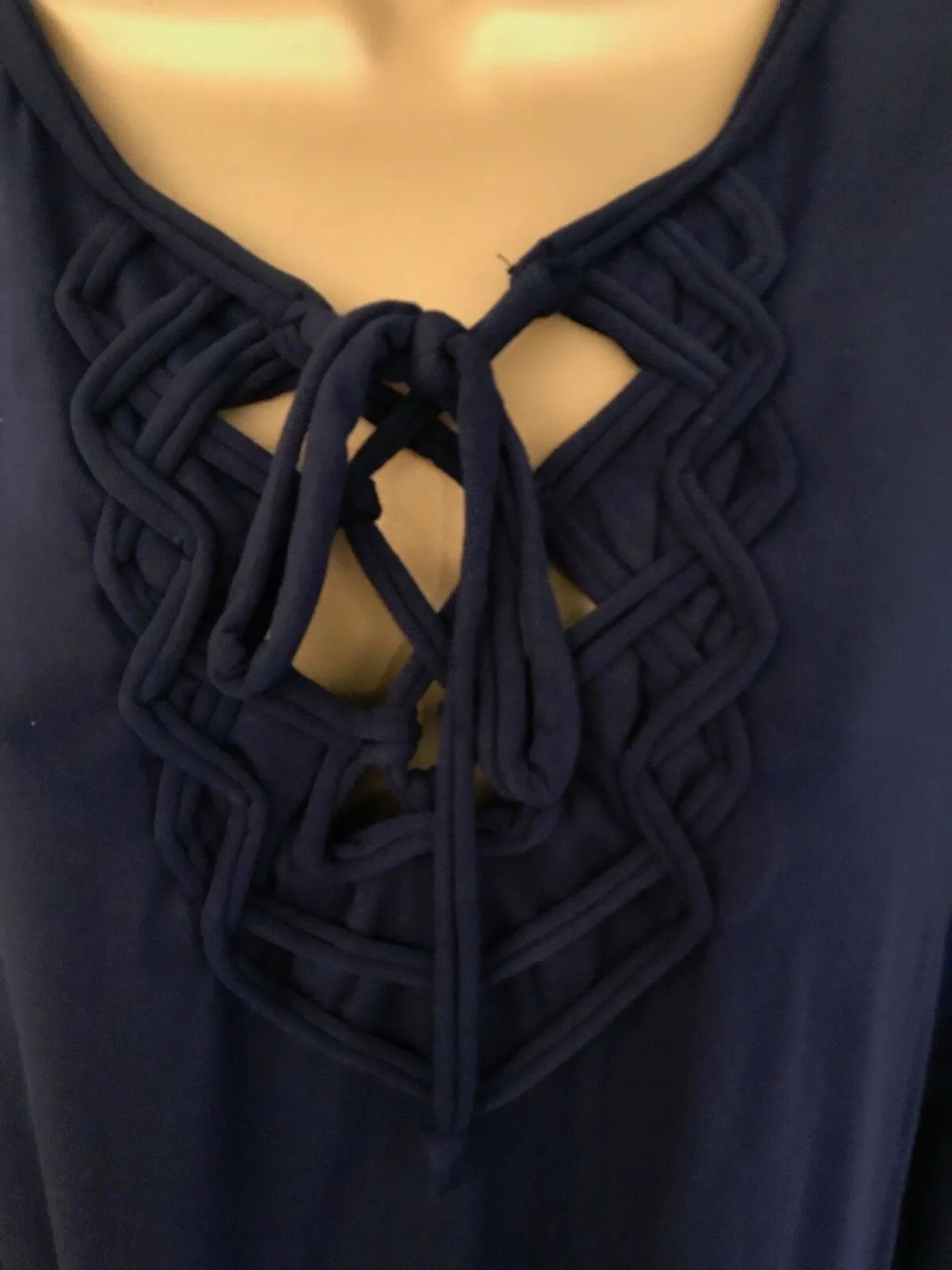 Max Studio Navy Jersey Tie Neck Long Sleeve Top Size L UK 12 US 8 EU 40