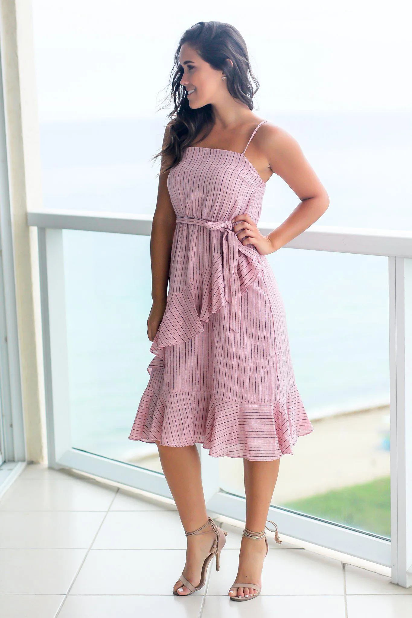 Misty Pink Striped Midi Dress