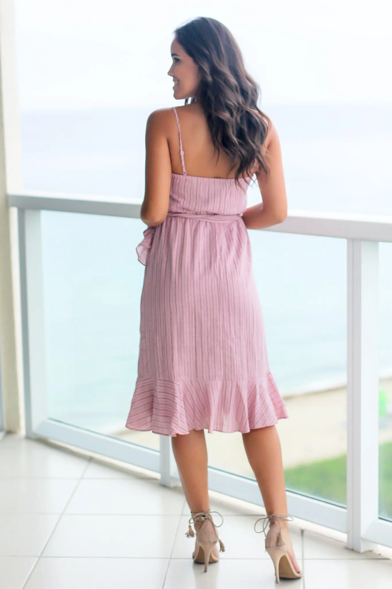 Misty Pink Striped Midi Dress