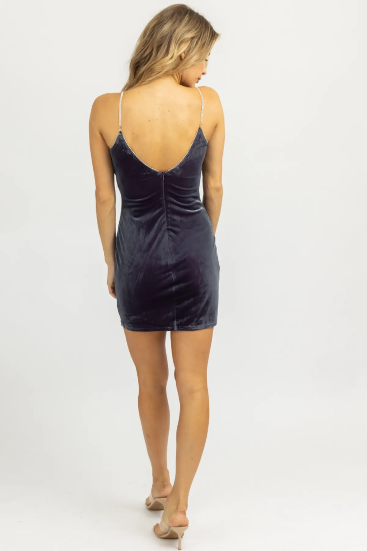 MOONLIT BLUE VELVET   RHINESTONE MINI DRESS
