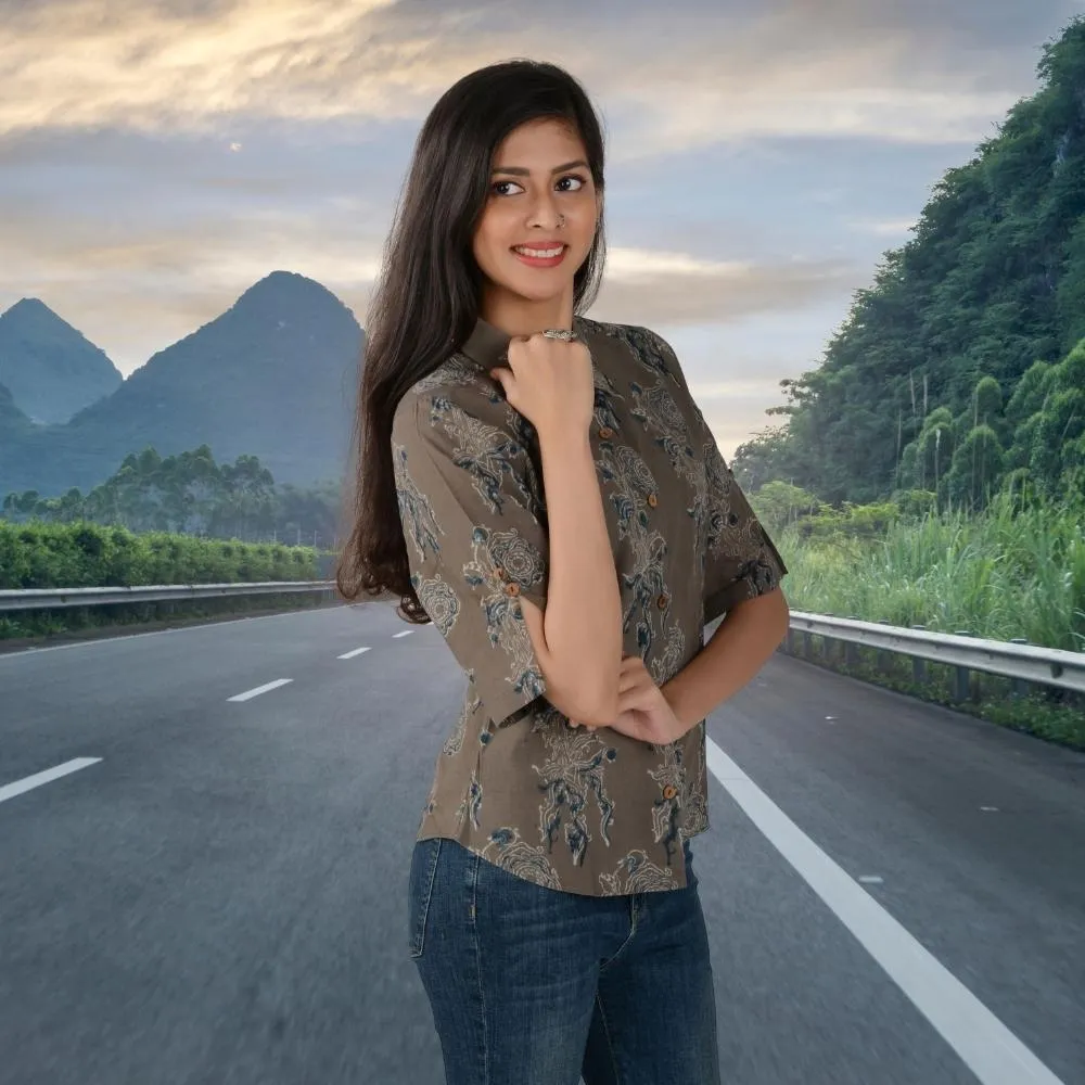 Mud Brown Women Shirt | Hand Block Print of Ajrakh | Chic Comfort