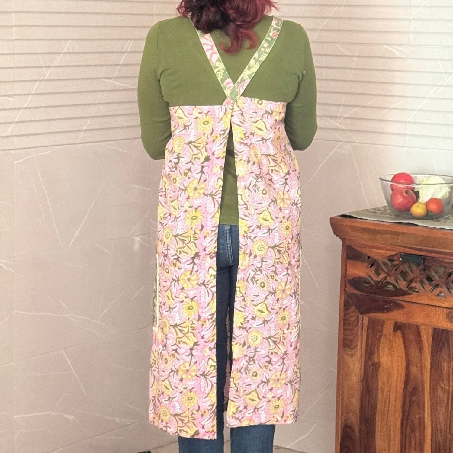 Multi-colour Floral Block-Print Apron with Side Pockets | Hand-Crafted | Cotton