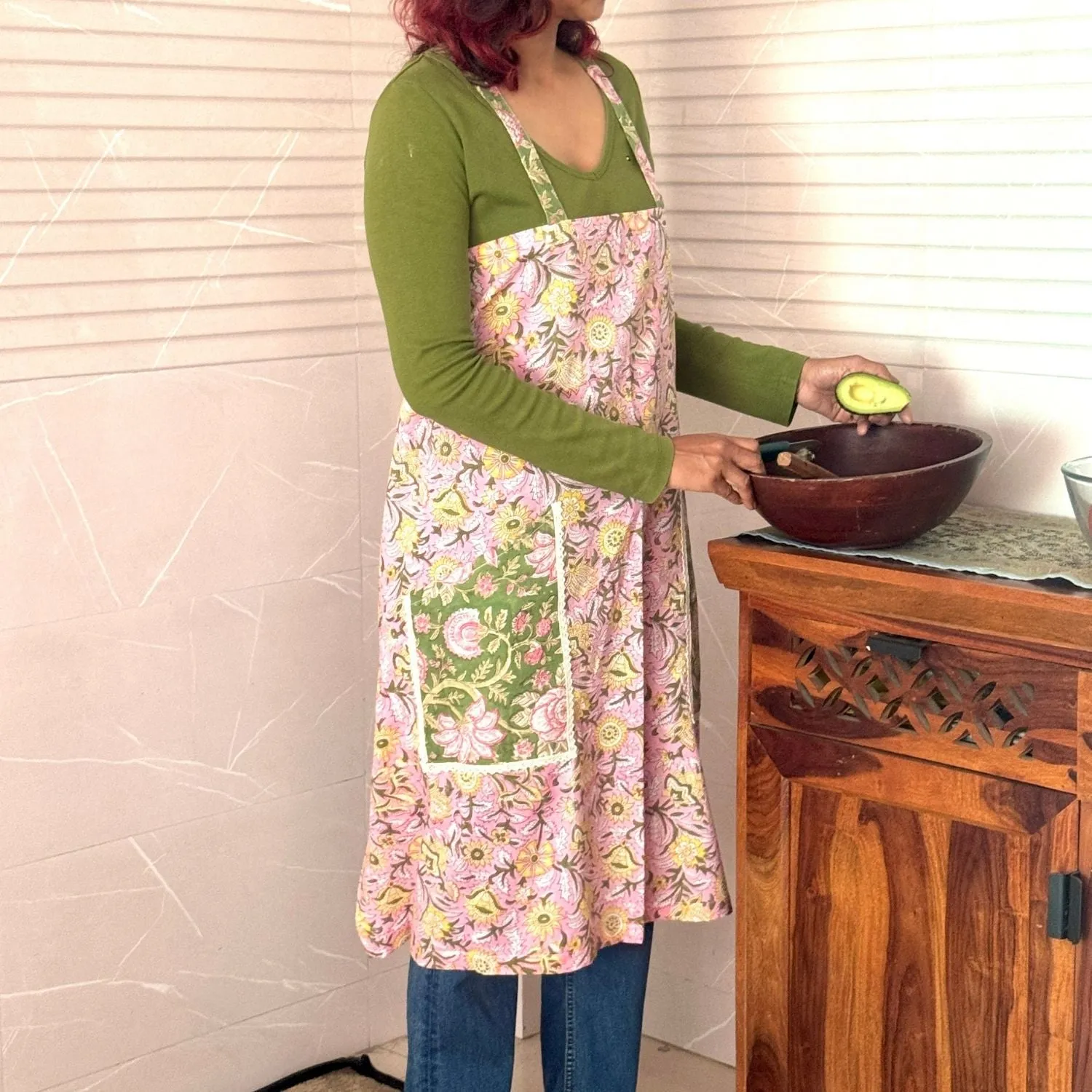 Multi-colour Floral Block-Print Apron with Side Pockets | Hand-Crafted | Cotton