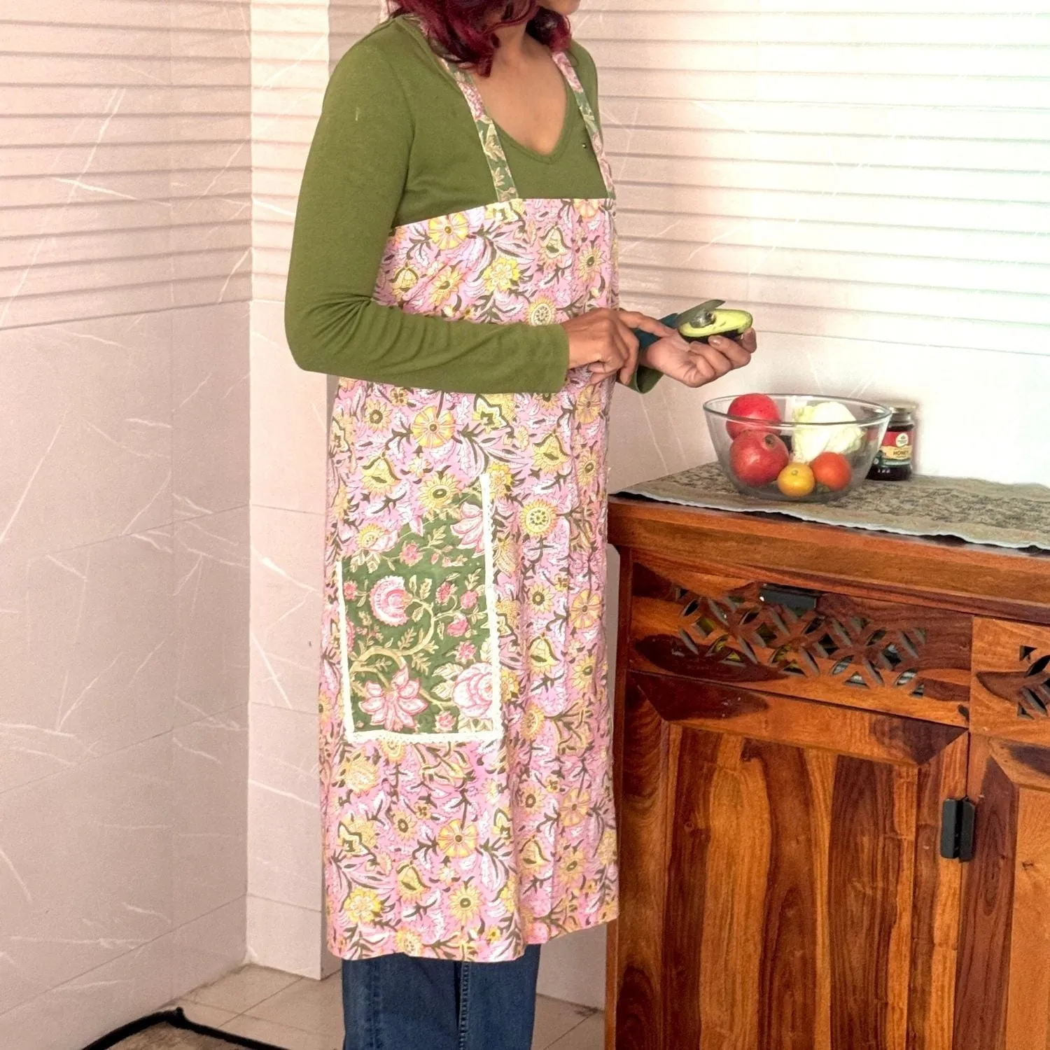Multi-colour Floral Block-Print Apron with Side Pockets | Hand-Crafted | Cotton