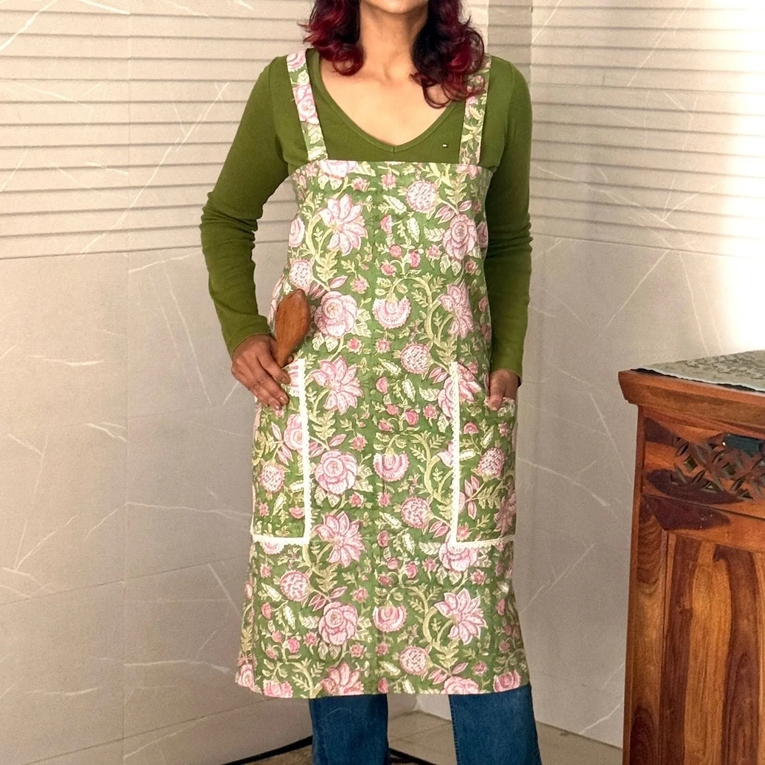 Olive Green & Pink Floral Block-Print Apron with Side Pockets | Cotton
